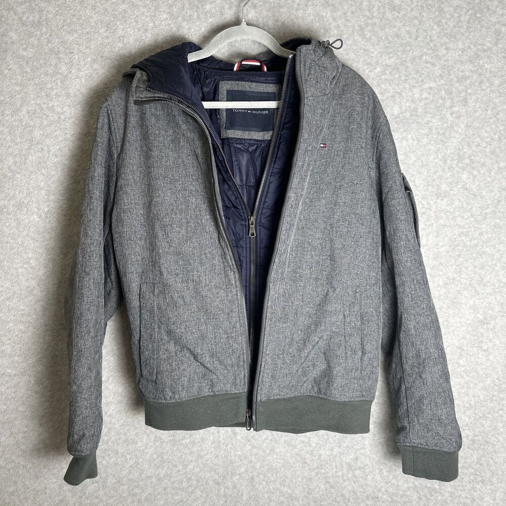 TOMMY HILFIGER Insulated Double Layer Hooded Bomber Coat Men's M Gray Navy